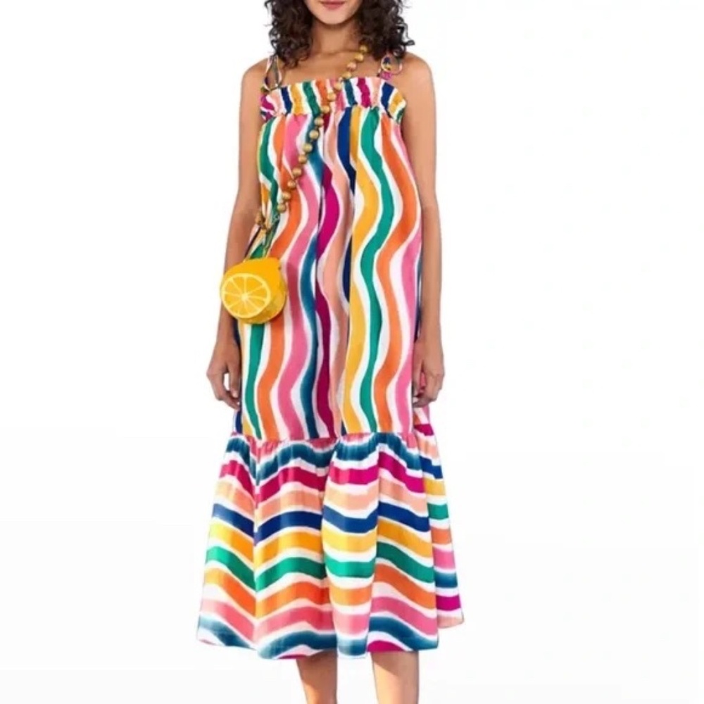 Farm Rio Women’s Dancing Stripes Tassel-Tie Midi Dress Multicolored Size L